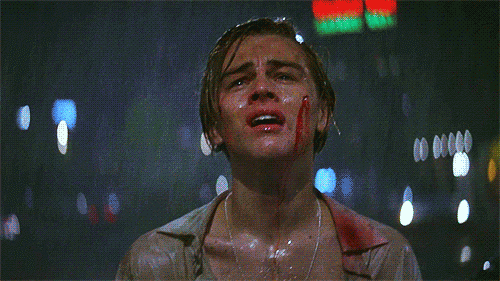 leonardo dicaprio scared crying in the rain